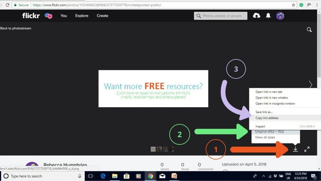 Once you've uploaded your image to Flickr, click 'Download' and select the image size. Right-click and select 'Copy link address'.