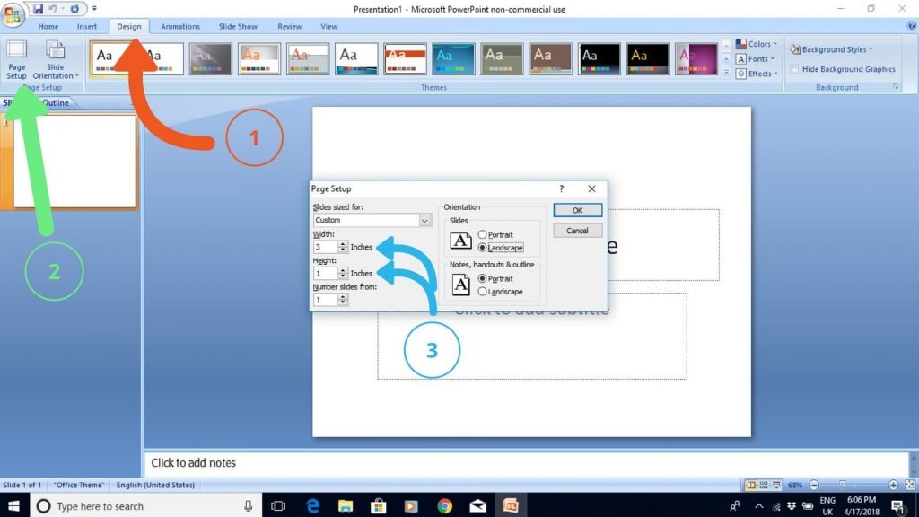 When you get to PowerPoint, open the 'Design' tab and then click 'Page Setup'. Here you can specify the size.  Remember you want 3 inches x 1 inch.